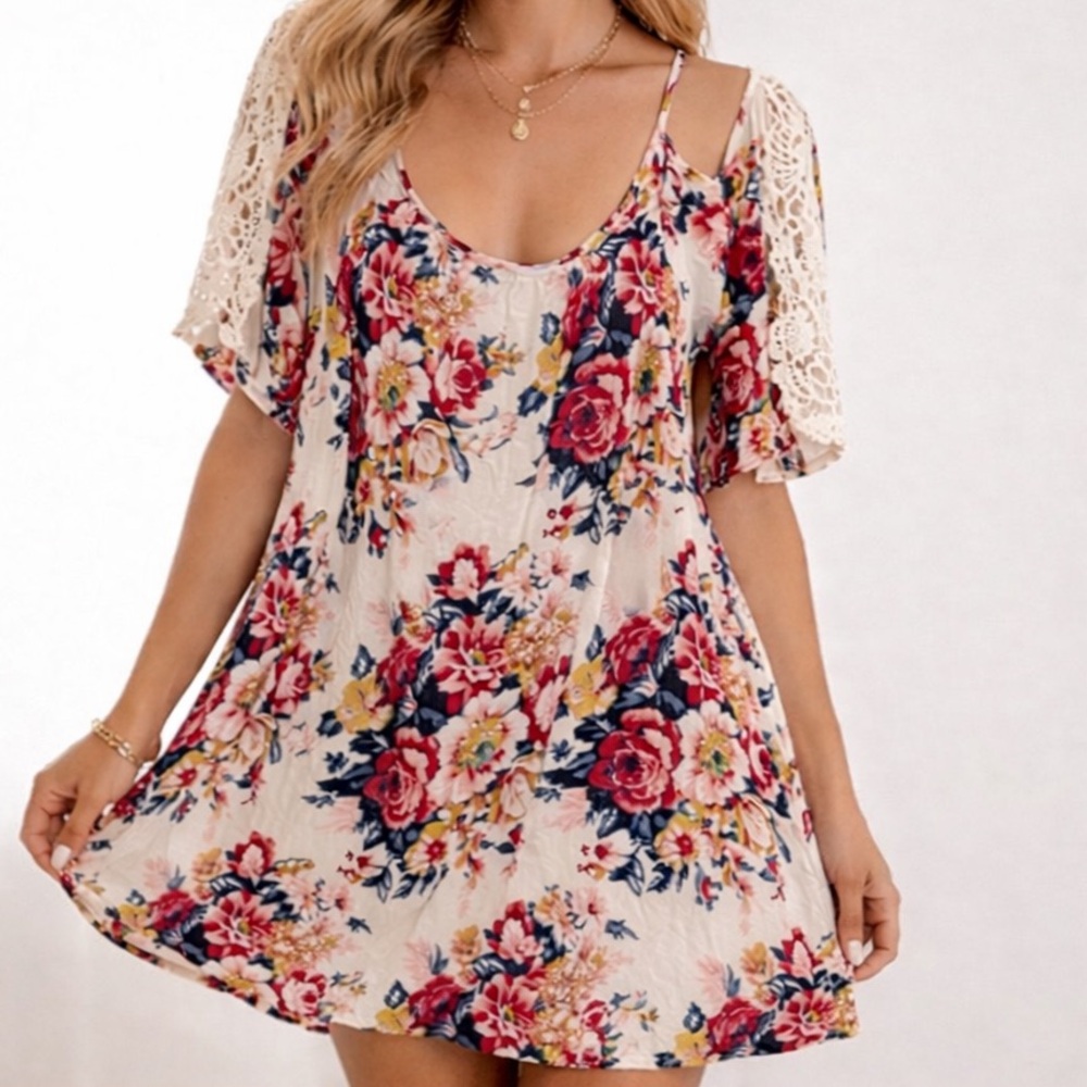 Umgee Dress Womens S Mini Floral Print Cold Shoulder Crochet Boho Babydoll Swing